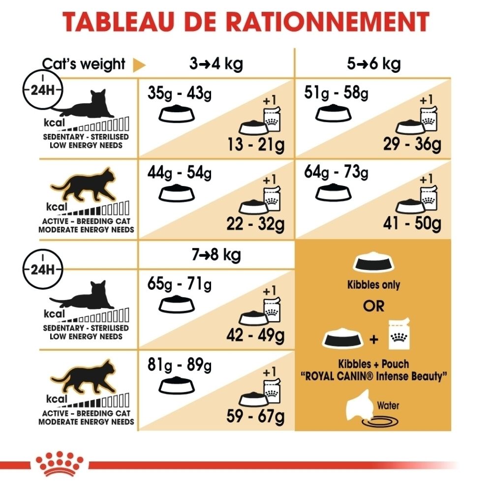 Fütterungstabelle für Katzen nach Gewicht und Aktivitätslevel, mit empfohlenen Mengen an Trockenfutter und Nassfutter.
