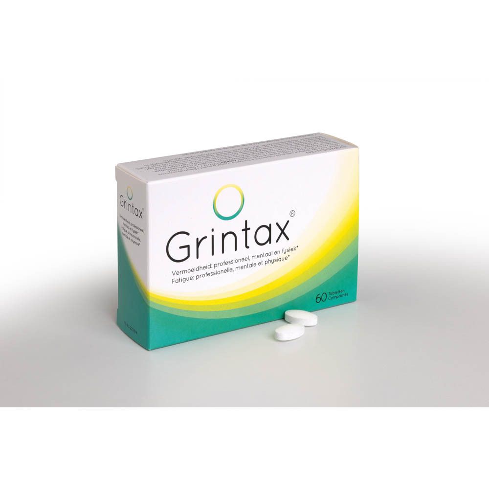 Boîte de comprimés Grintax, 60 comprimés. Texte: Fatigue mentale, physique et professionnelle. Logo Grunenthal.