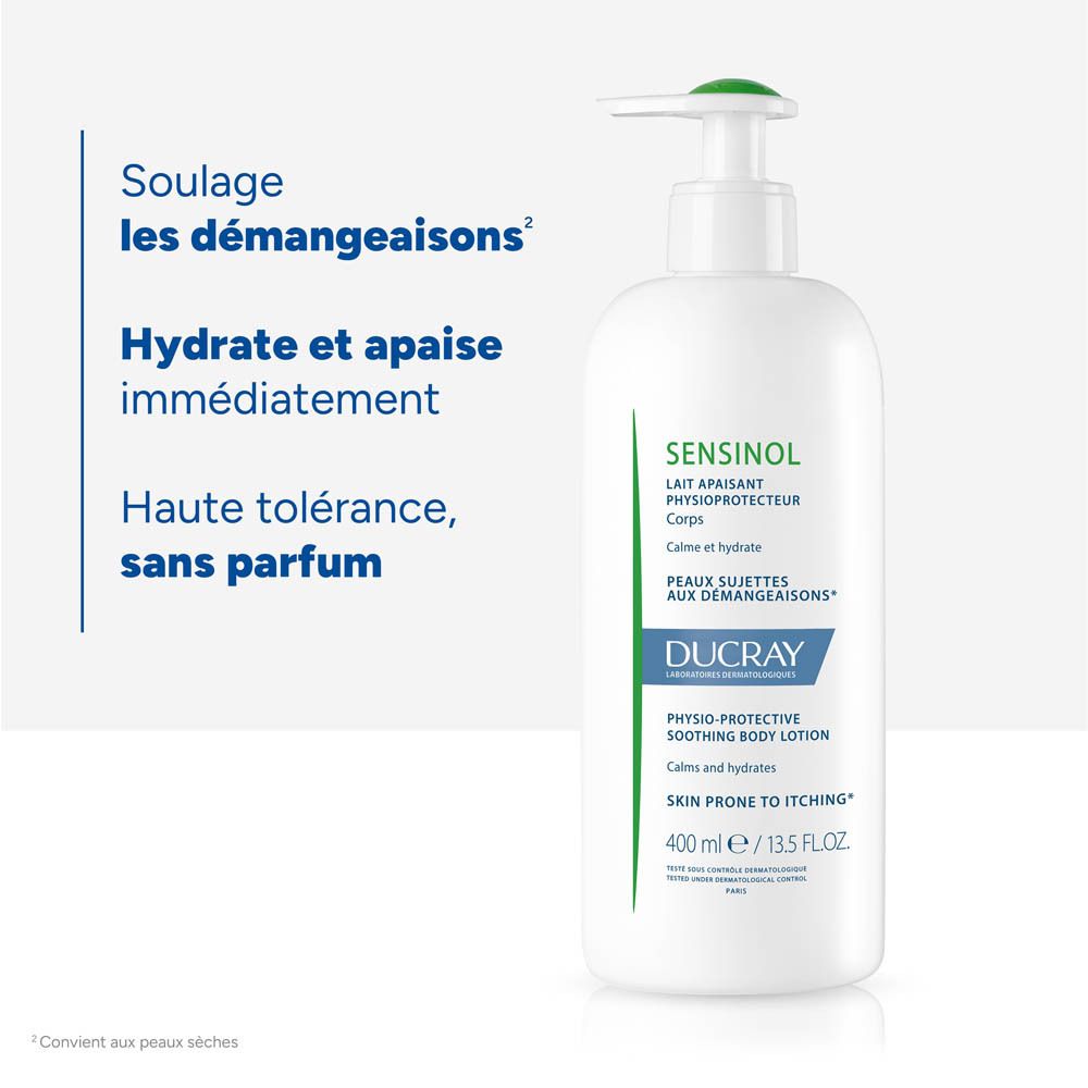 Texte sur fond bleu: Soulage les démangeaisons, hydrate et apaise immédiatement. Sensinol.