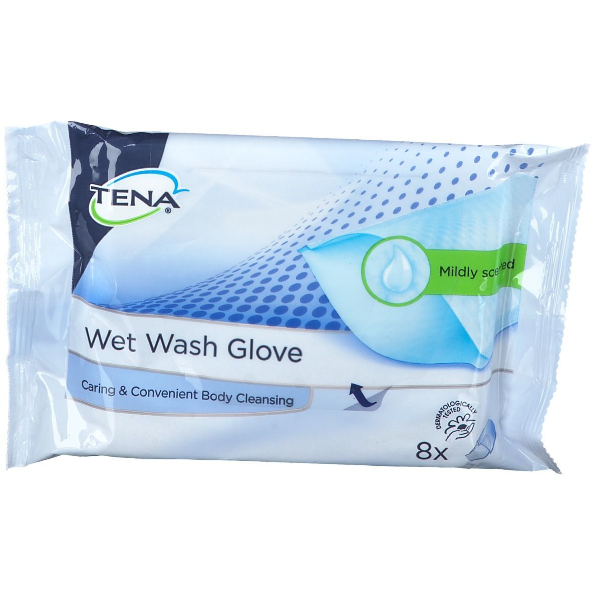 Verpackung mit TENA Wet Wash Glove. Aufschrift: Caring & Convenient Body Cleansing. 8 Stück. Dermatologisch getestet. Mild duftend.