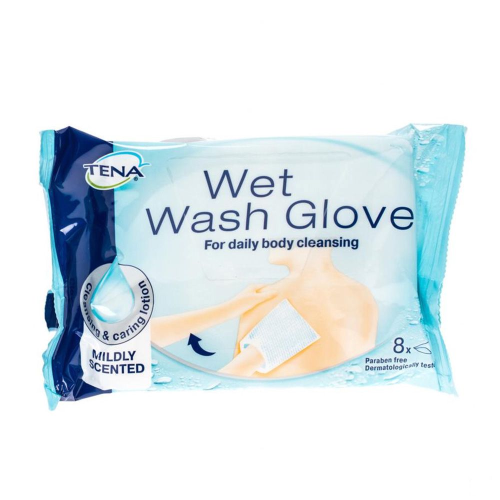 Paquet de TENA Wet Wash Glove. Inscription: Mildly Scented, 8 pièces, sans parabène, testé dermatologiquement. Illustration d'un bras avec un gant de toilette.