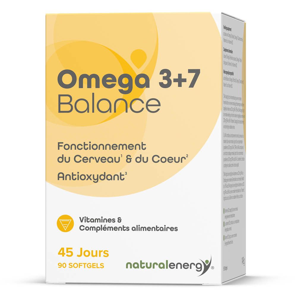Boîte de Natural Energy Omega 3+7 Balance. Contient 90 gélules. Vitamines et compléments alimentaires. 45 jours.