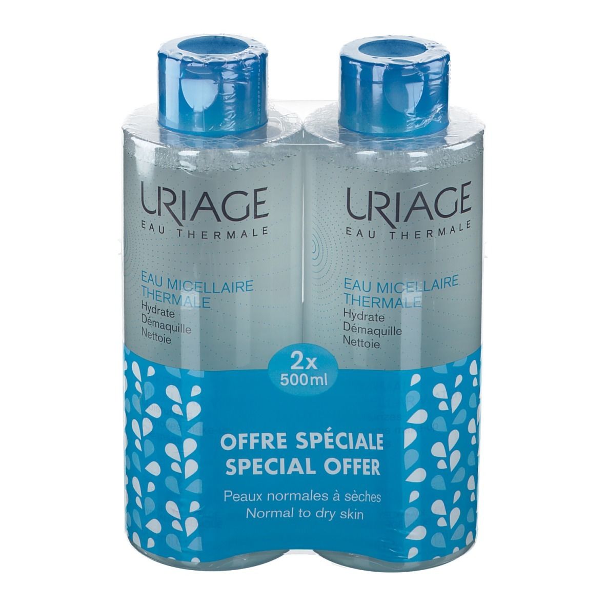 Deux flacons Uriage Eau Thermale Micellaire, emballés. Bouchons bleus, flacons transparents, motifs bleus et blancs. "Offre Spéciale".