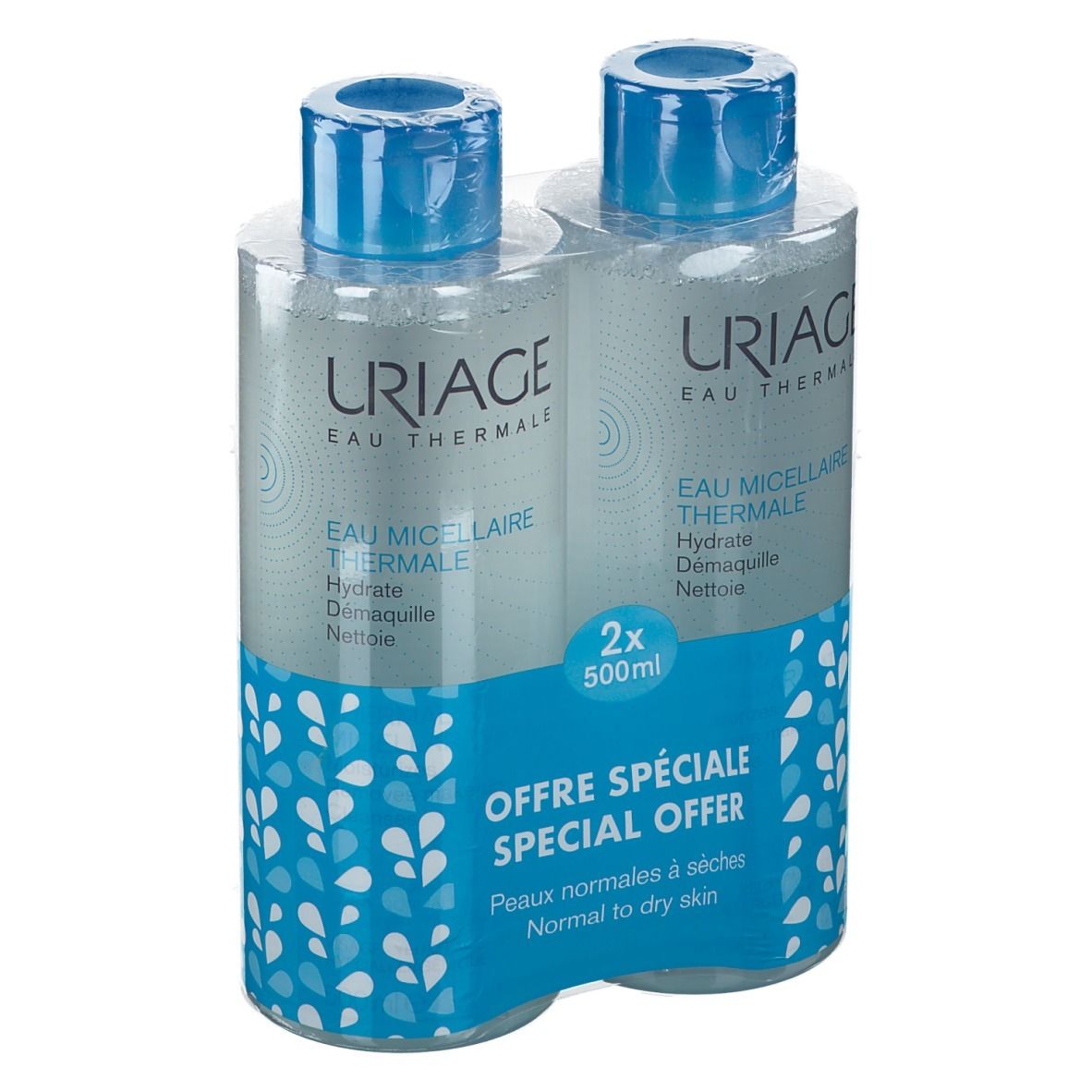 Deux flacons Uriage Eau Thermale Micellaire, emballés. Bouchons bleus, flacons transparents, motifs bleus et blancs. "Offre Spéciale".