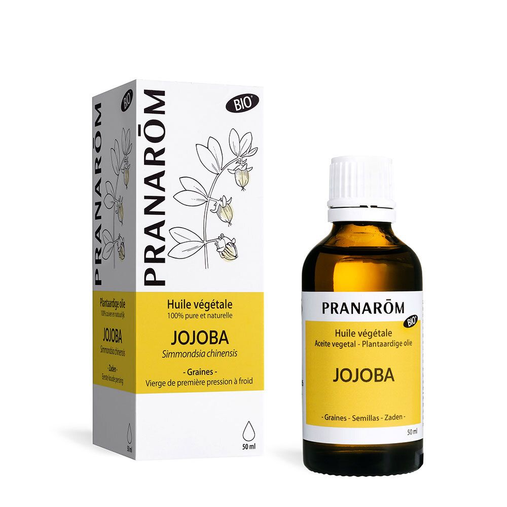 Flacon en verre brun, bouchon blanc, étiquette jaune. Inscription: Jojoba, Simmondsia chinensis. Certification Bio.
