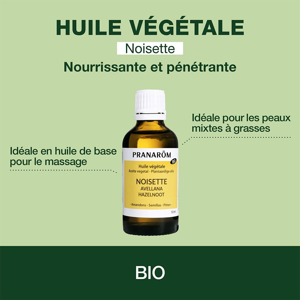 Flacon avec étiquette. Marque Pranarôm. Certification bio. Nom du produit: Noisette.