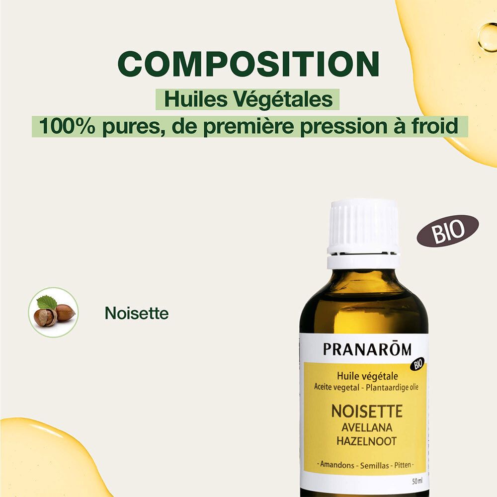 Flacon avec étiquette. Marque Pranarôm. Certification bio. Nom du produit: Noisette.