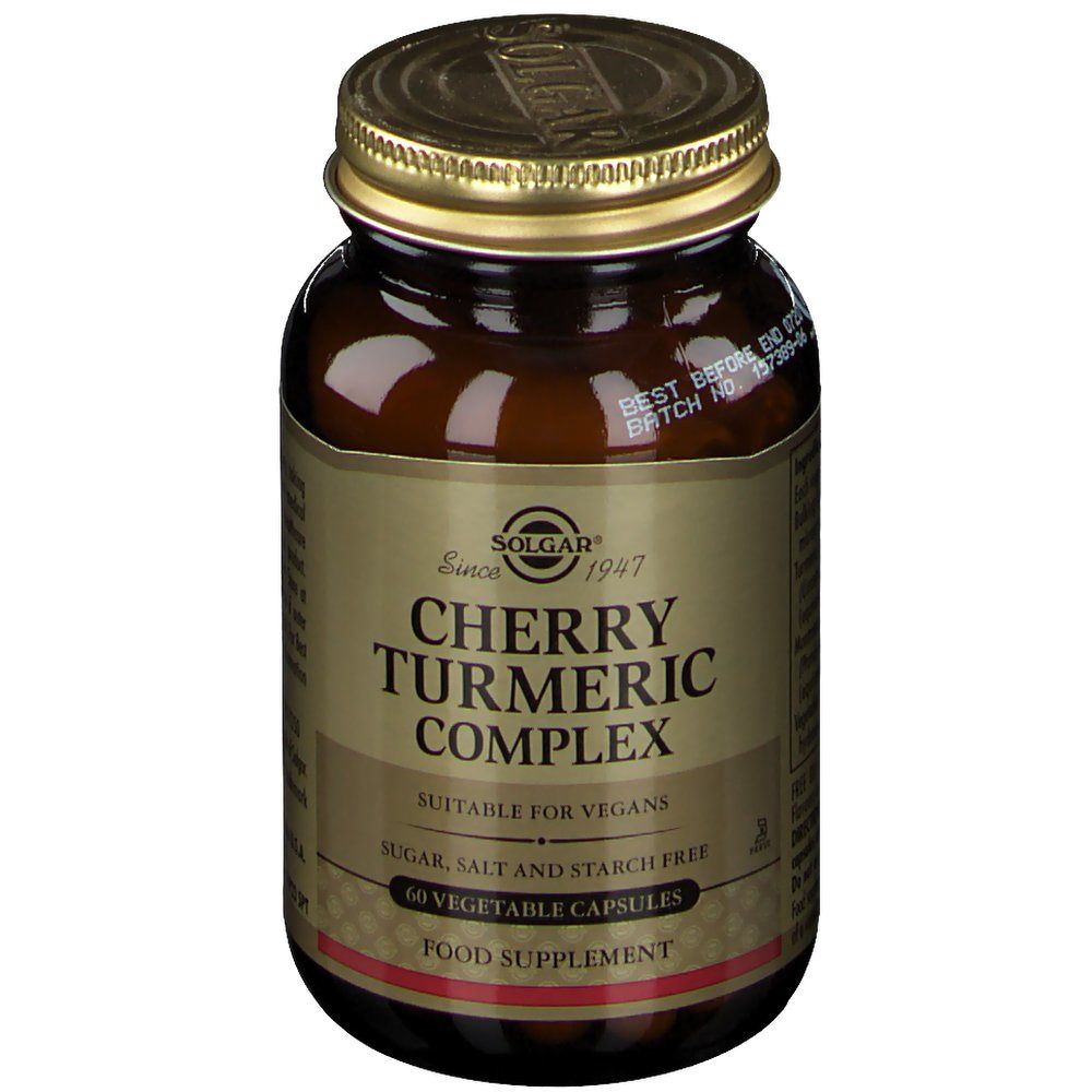 Braune Glasflasche mit goldfarbenem Deckel. Etikett mit "SOLGAR" und "Cherry Turmeric Complex". 60 Kapseln.