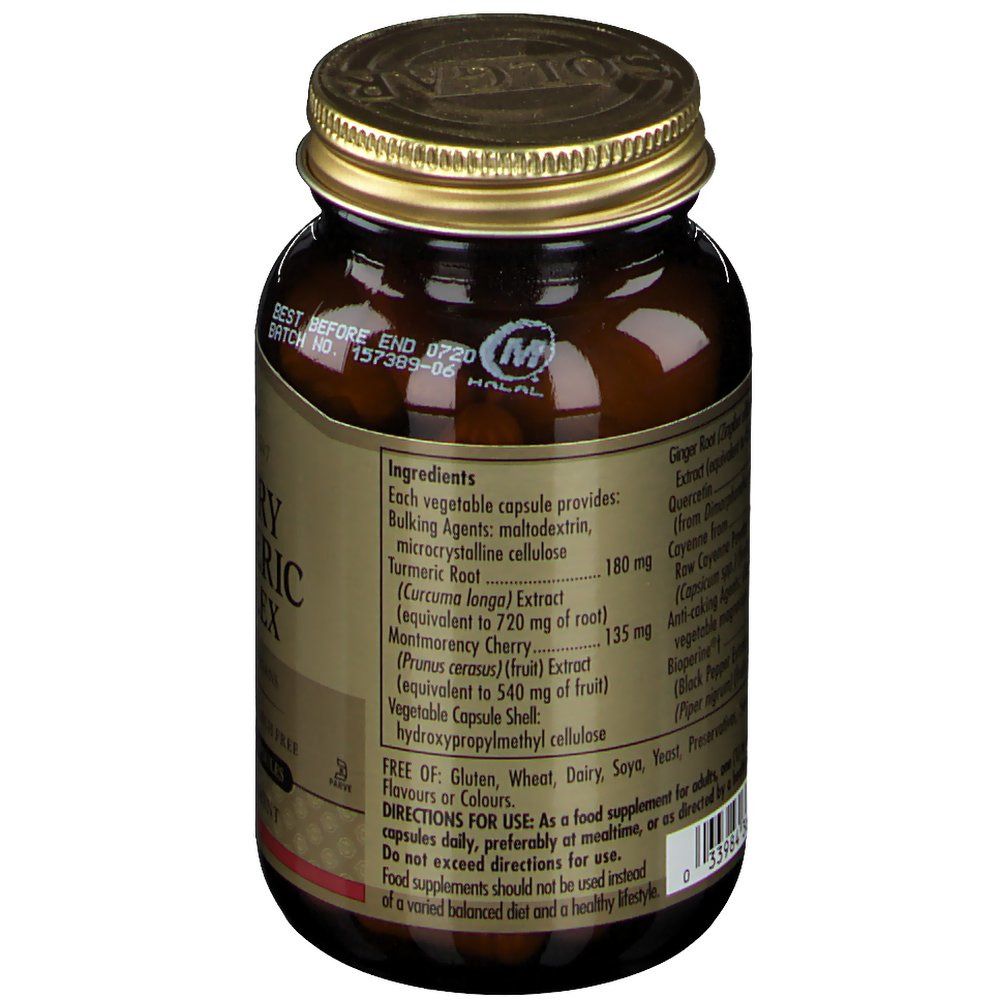 Rückseite der Flasche. Zutatenliste: Kurkuma, Montmorency-Kirsche, Ingwer, Quercetin. Halal-Zertifizierung.