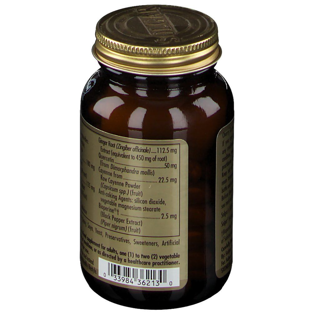 Rückseite der Flasche. Zutatenliste: Ingwer, Quercetin, Cayennepfeffer, Roh-Cayennepulver, Bioperine.