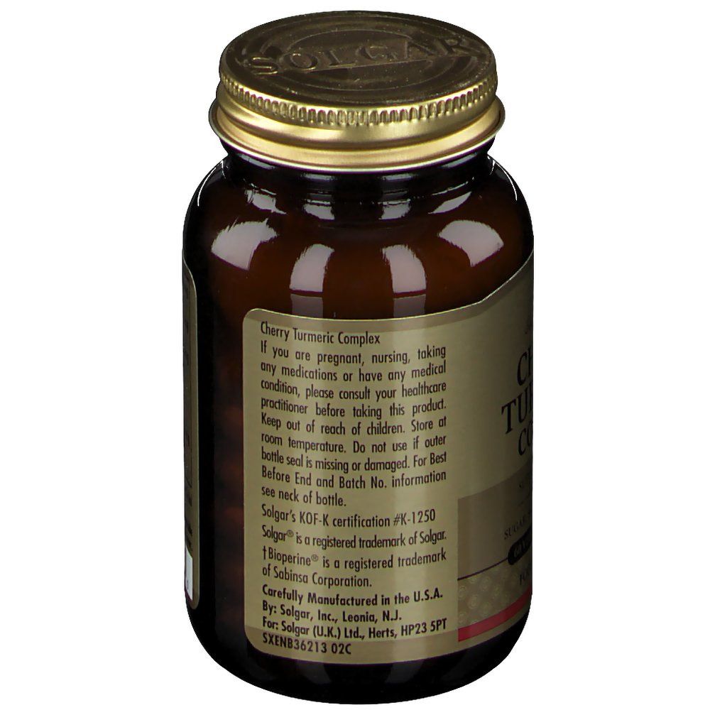 Rückseite der Flasche. Warnhinweise und Informationen zu Solgar und Bioperine. KOF-K-Zertifizierung.