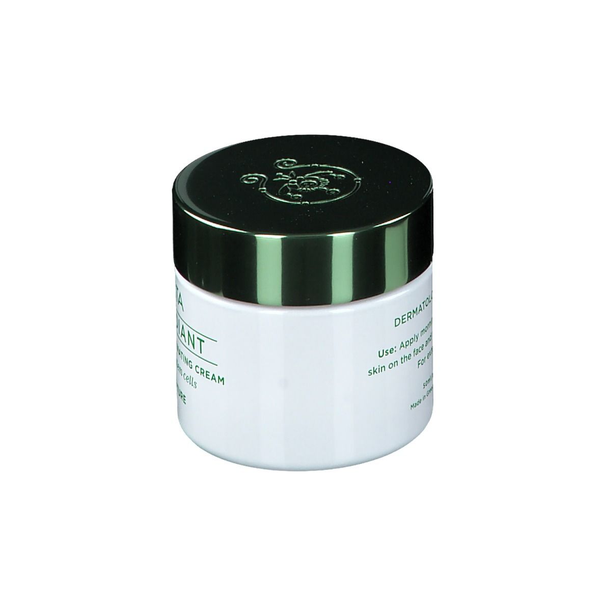 Pot de crème blanc avec couvercle vert. Inscription : Apivita Bee Radiant Age Defense Illuminating Cream. Texte au dos.