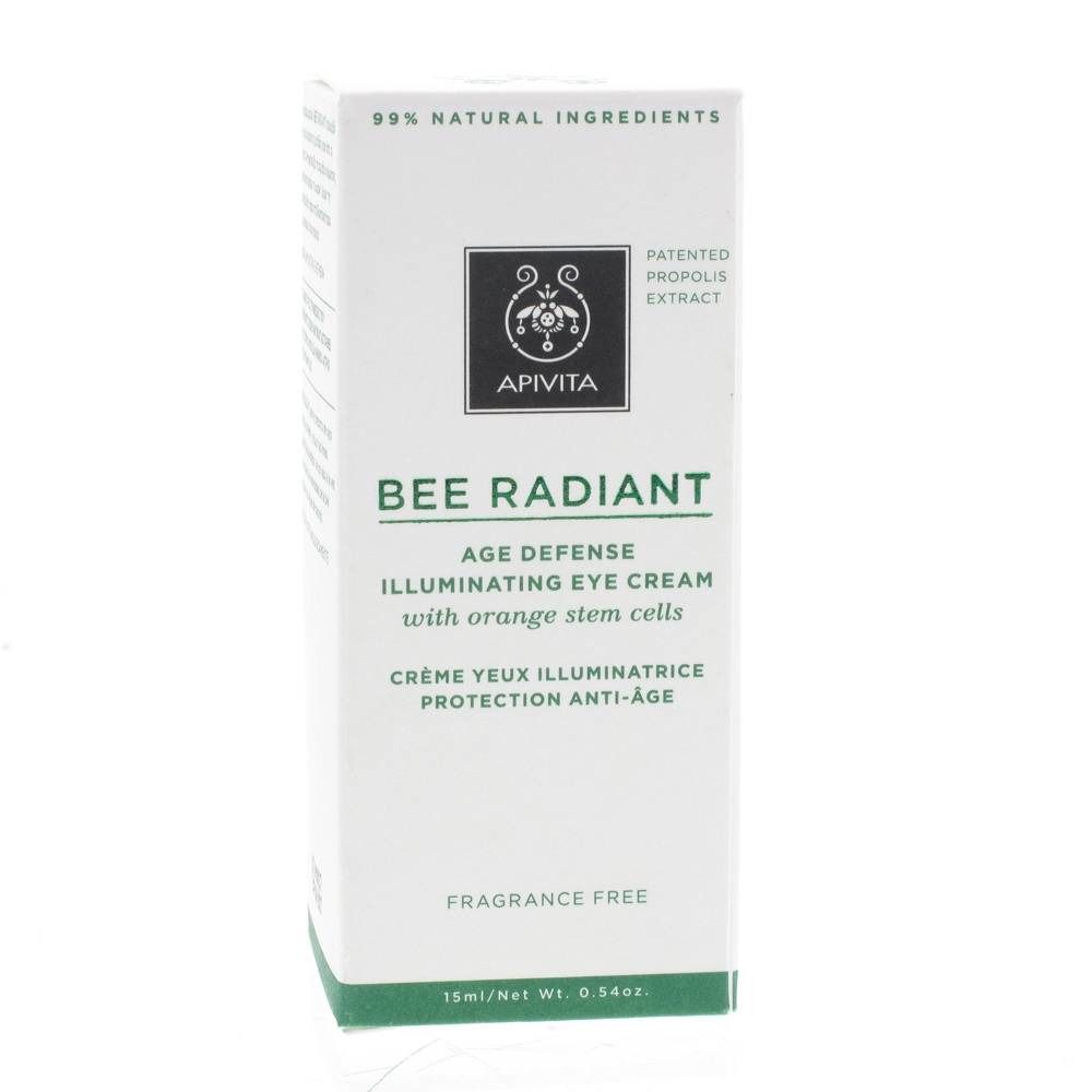 Weiße Verpackung mit grünen Akzenten. Aufschrift: Apivita, Bee Radiant, Anti-Aging Augencreme. Enthält 99% natürliche Inhaltsstoffe.