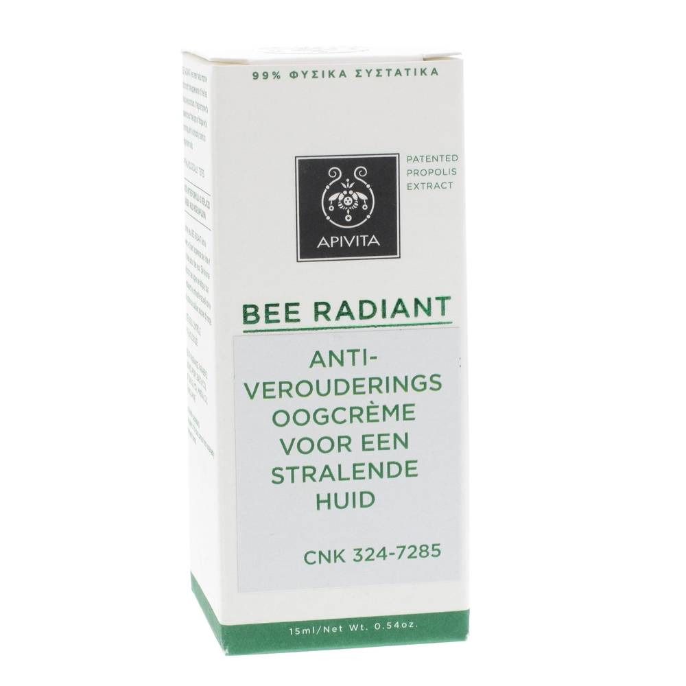 Weiße Verpackung mit grünen Akzenten. Aufschrift: Apivita, Bee Radiant, Anti-Aging Augencreme. Enthält 99% natürliche Inhaltsstoffe.
