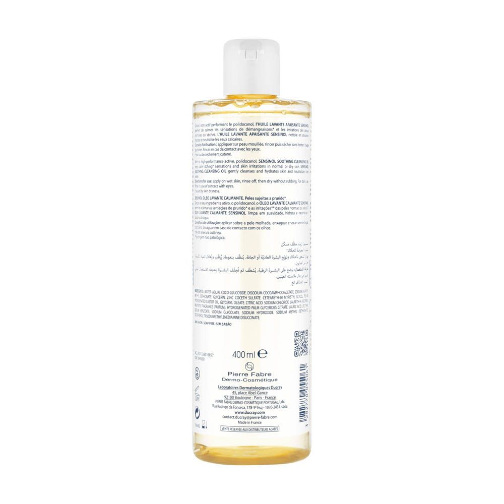 Dos du flacon avec texte. Inscriptions : SENSINOL, DUCRAY. 400ml.