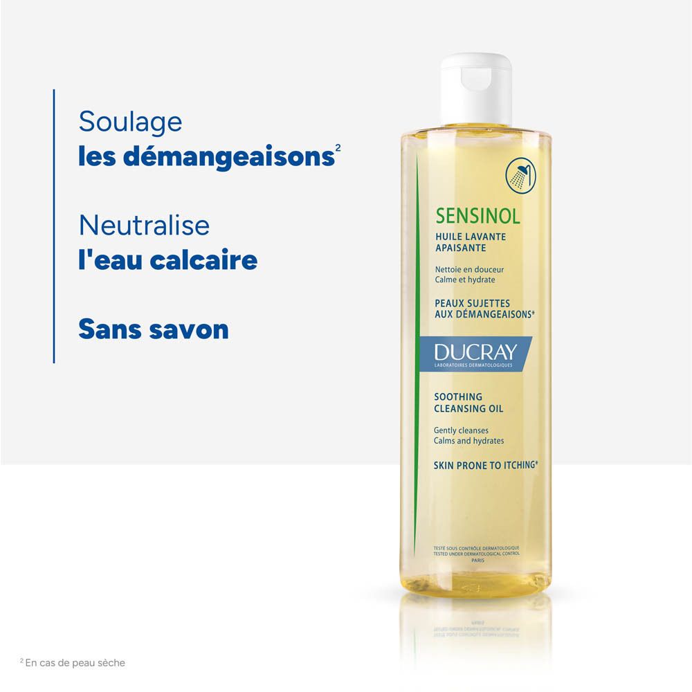 Dos du flacon avec texte. Inscriptions : SENSINOL, DUCRAY. 400ml.