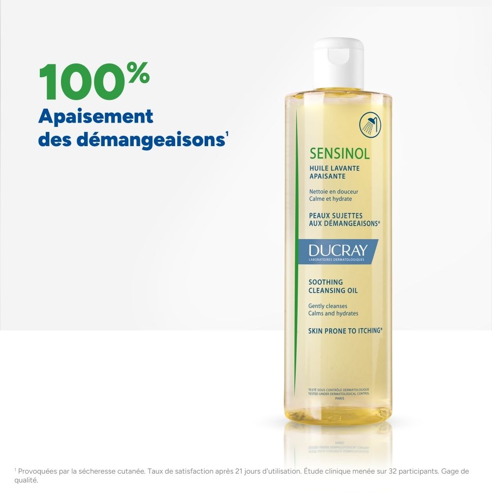 Flacon de DUCRAY SENSINOL. Huile lavante apaisante. Liquide jaune. Bouchon blanc. Inscriptions vertes et bleues.