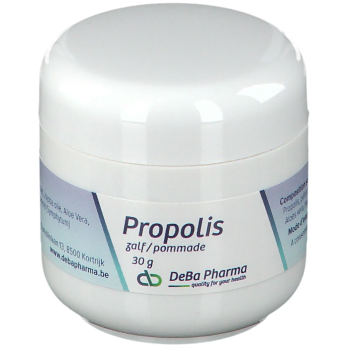 Weiße Dose mit blau-weißem Etikett. Aufschrift: Propolis, 30 g, DeBa Pharma. Produktname und Marke sichtbar.