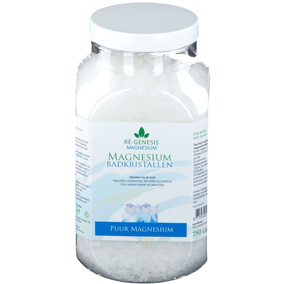 Glasbehälter mit Magnesium-Badekristallen. Etikett mit Produktnamen und Logo. Deckel weiß. 750g.