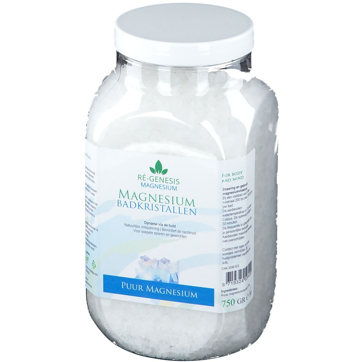 Glasbehälter mit Magnesium-Badekristallen. Etikett mit Produktnamen und Logo. Weißer Deckel. 750g.