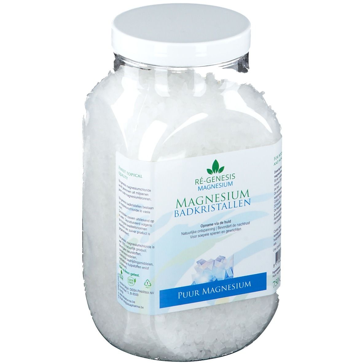 Glasbehälter mit Magnesium-Badekristallen. Etikett mit Produktnamen und Logo. Weißer Deckel. 750g.