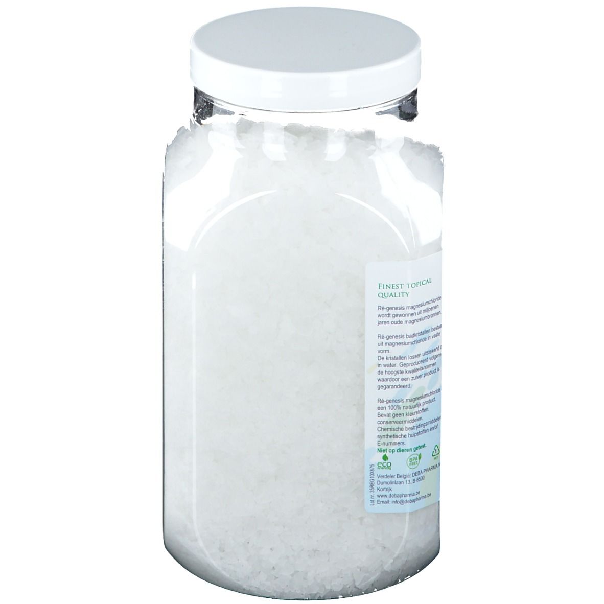 Transparenter Behälter mit Magnesium-Badekristallen. Weißer Deckel. Rückseite mit Text. 750g.