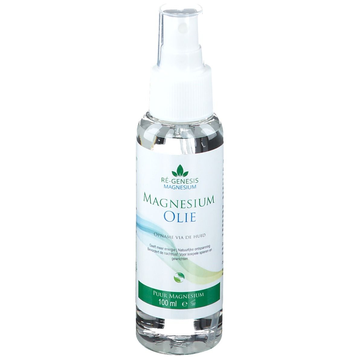 Klare Flasche mit Sprühkopf. Beschriftung: Magnesium Öl, 100 ml. Grün-blaue Grafik.