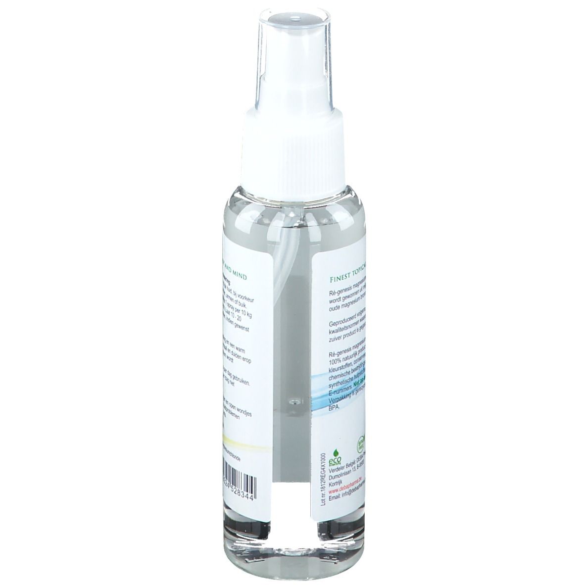 Rückseite der Flasche. Textinformationen und Logos. Transparente Flüssigkeit sichtbar.