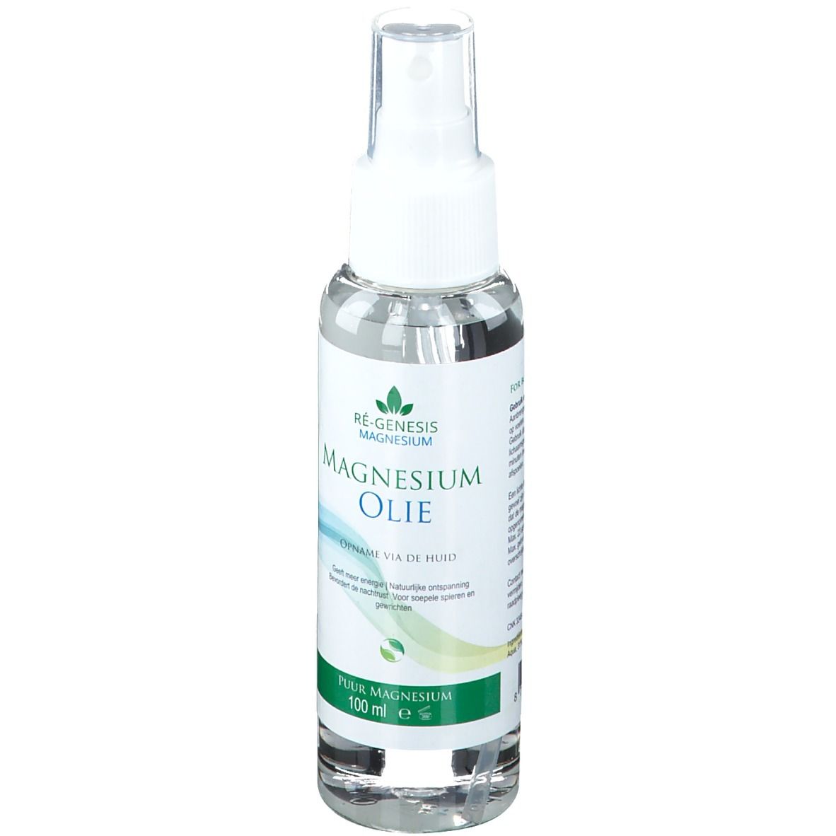 Klare Flasche mit Sprühkopf. Beschriftung: Magnesium Öl, 100 ml. Grün-blaue Grafik.