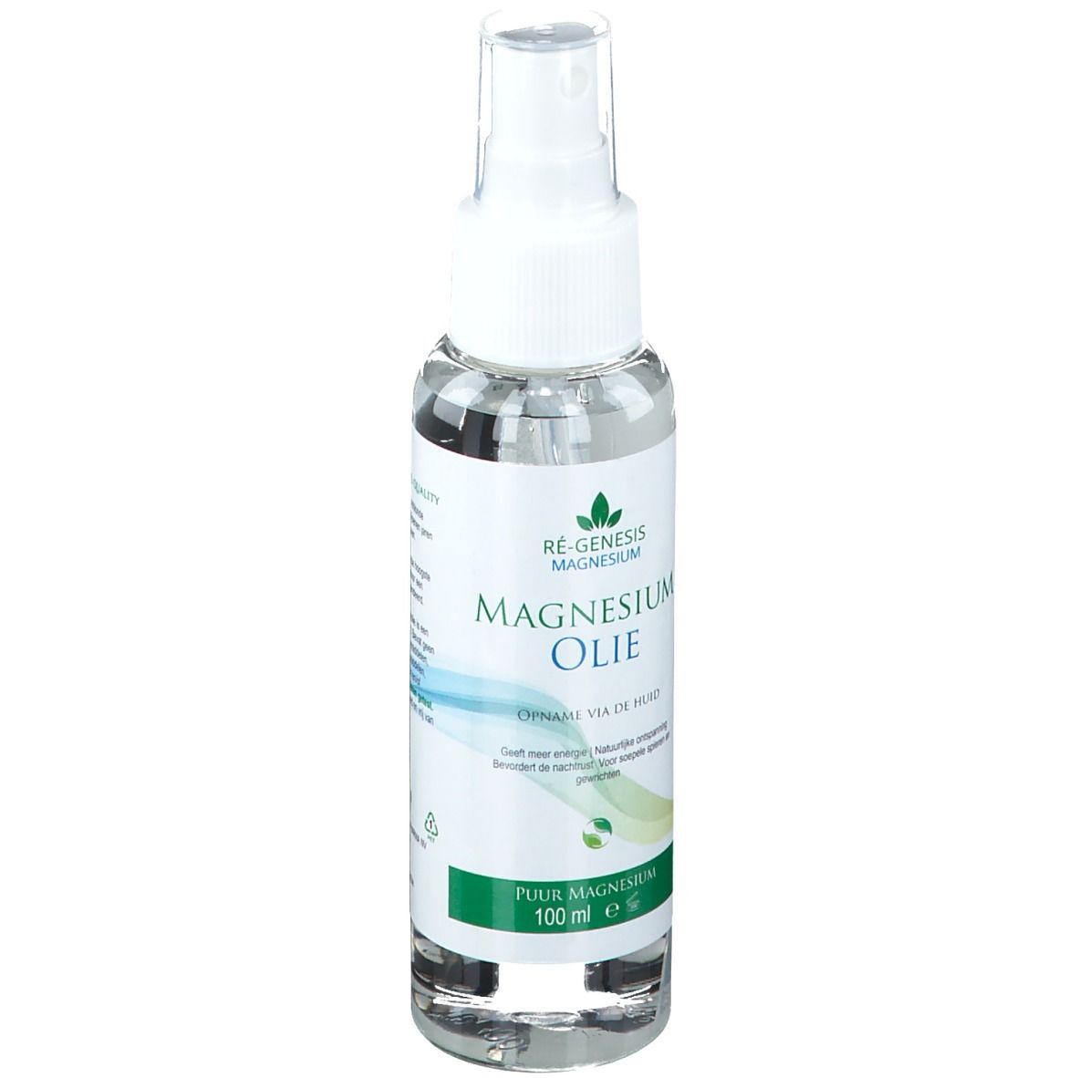 Klare Flasche mit Sprühkopf. Beschriftung: Magnesium Öl, 100 ml. Grün-blaue Grafik.