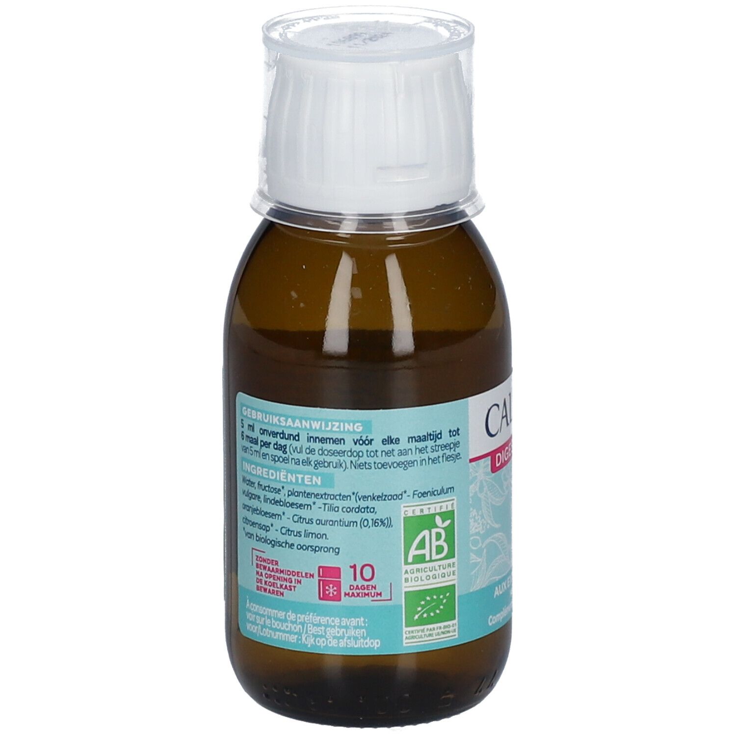 Flacon marron avec bouchon blanc. Inscription: Calmosine, Digestion/Digestie. Étiquette bleue avec ingrédients et label AB bio.