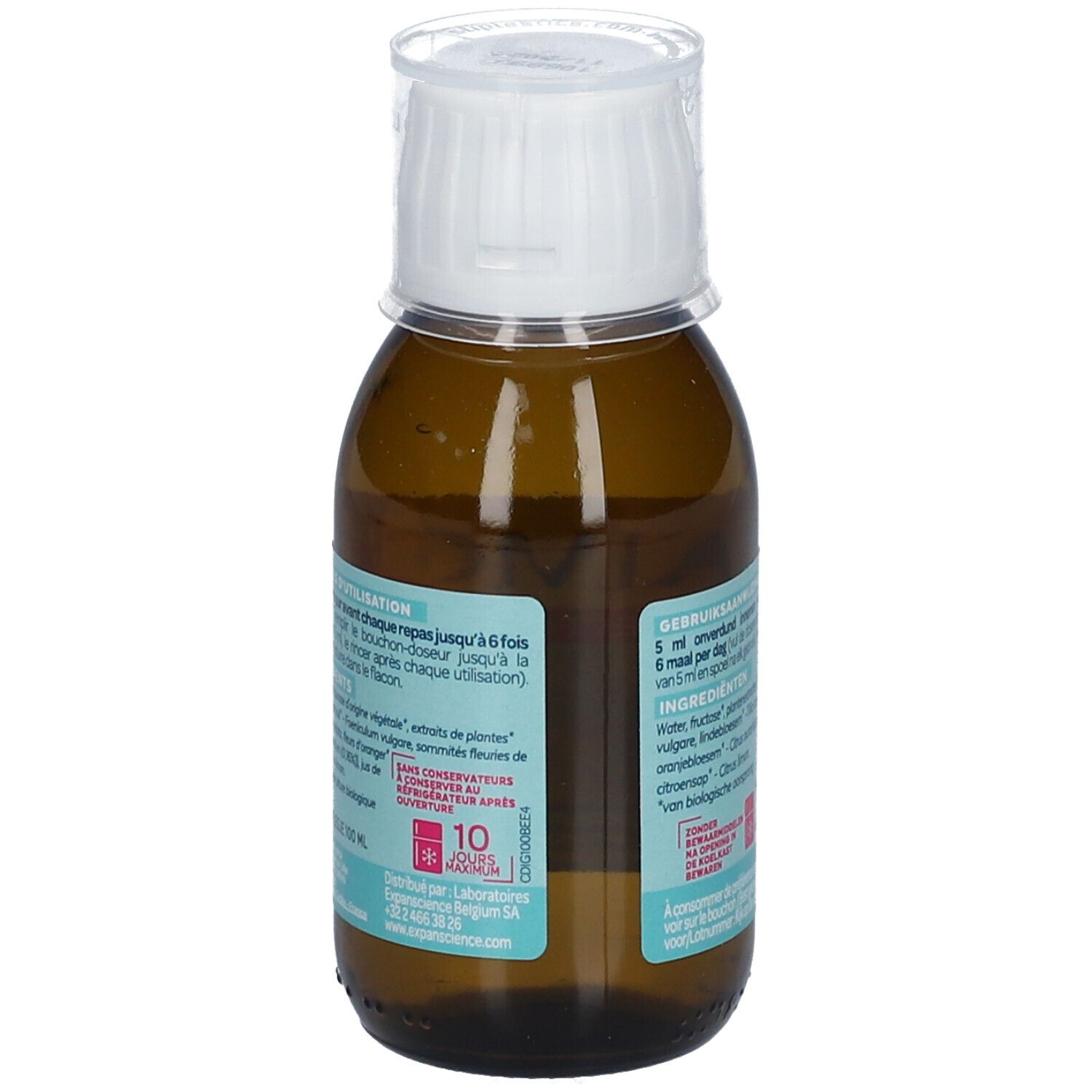 Flacon marron avec bouchon blanc. Inscription: Calmosine, Digestion/Digestie. Étiquette bleue avec instructions de dosage.