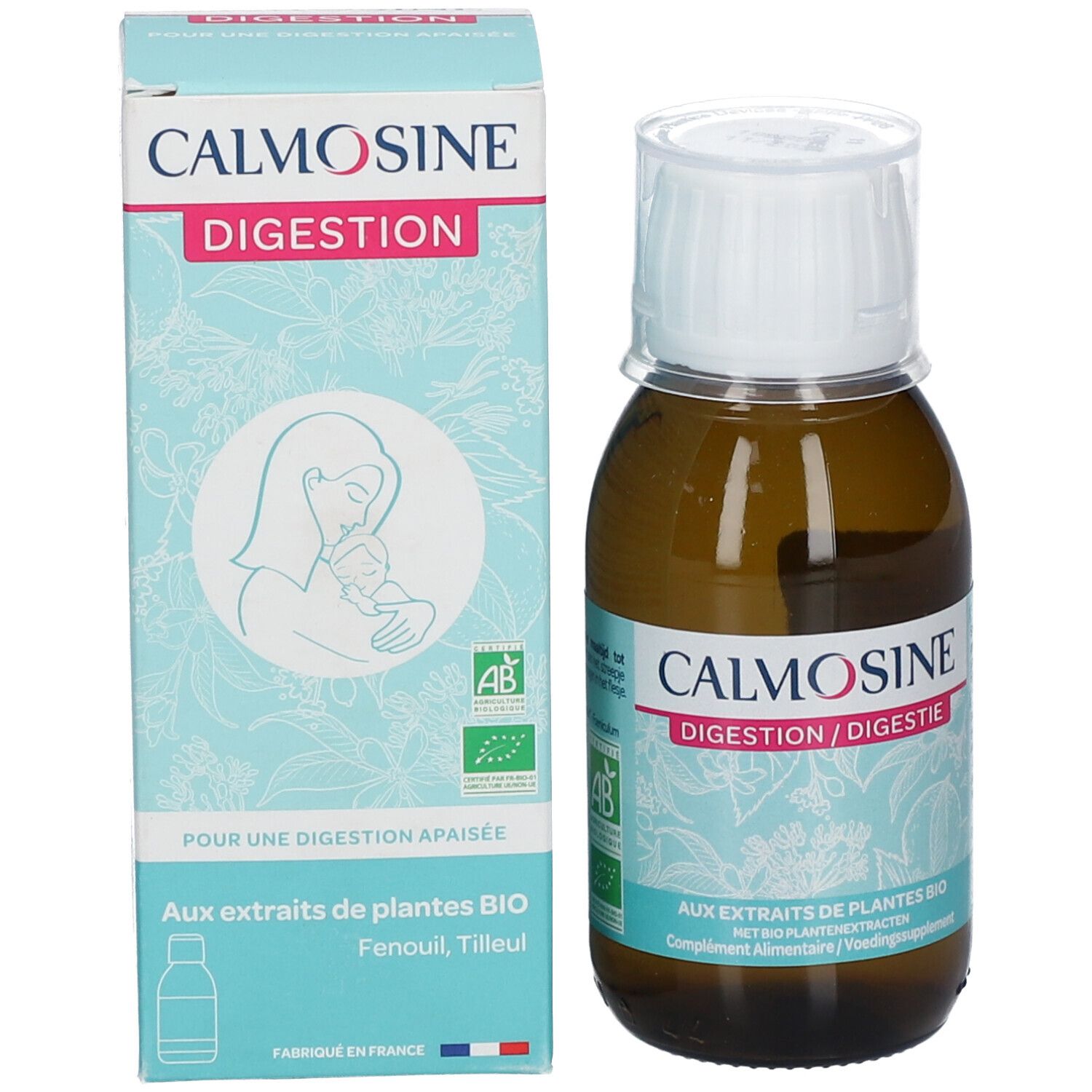 Emballage et flacon. Inscription: Calmosine, Digestion. Illustration: mère et enfant. Label AB bio.