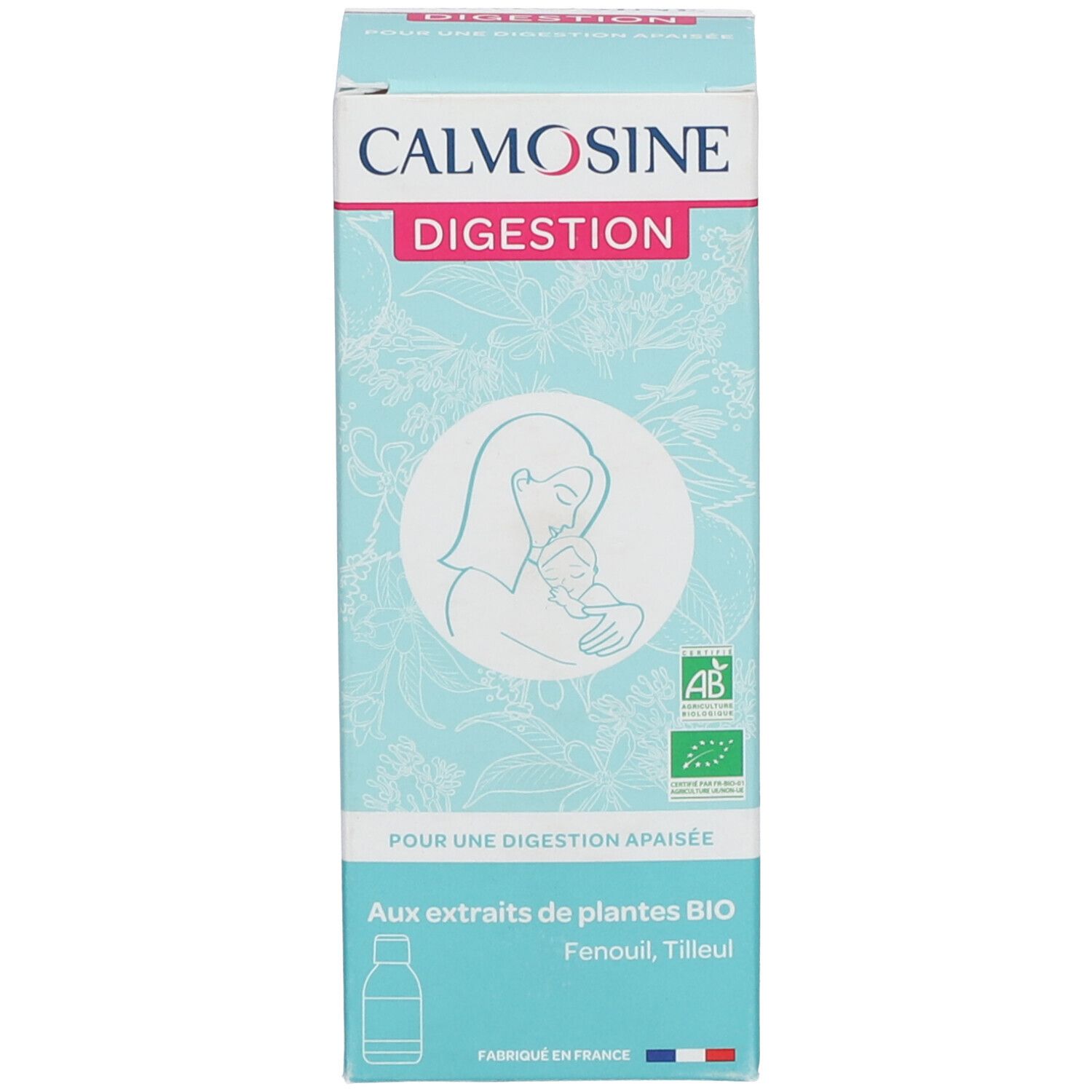 Emballage du produit. Inscription: Calmosine, Digestion. Illustration: mère et enfant. Label AB bio. Couleurs bleu et blanc.