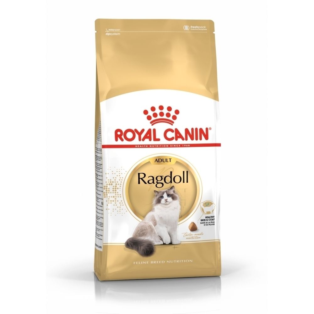 Royal Canin Ragdoll Adult Katzenfutter-Beutel mit Bild einer Katze und Produktinformationen.
