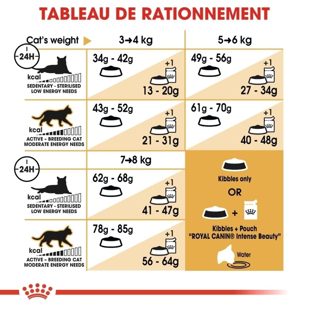 Fütterungstabelle für Katzen nach Gewicht und Aktivitätslevel, mit Angaben zu Trockenfutter und Nassfutter.