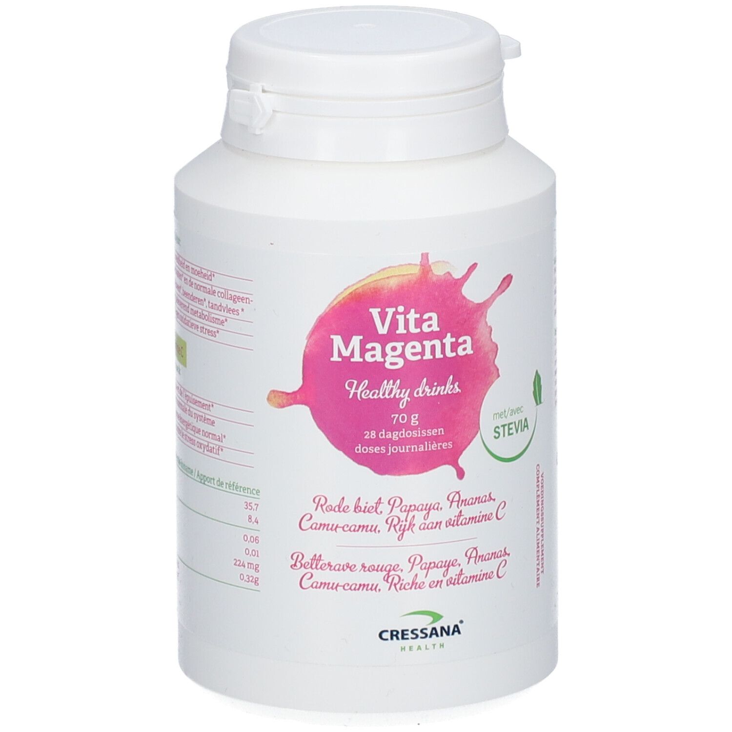 Boîte blanche Vita Magenta. Contient 70g, 28 doses. Avec Stevia. Logo Cressana Health.