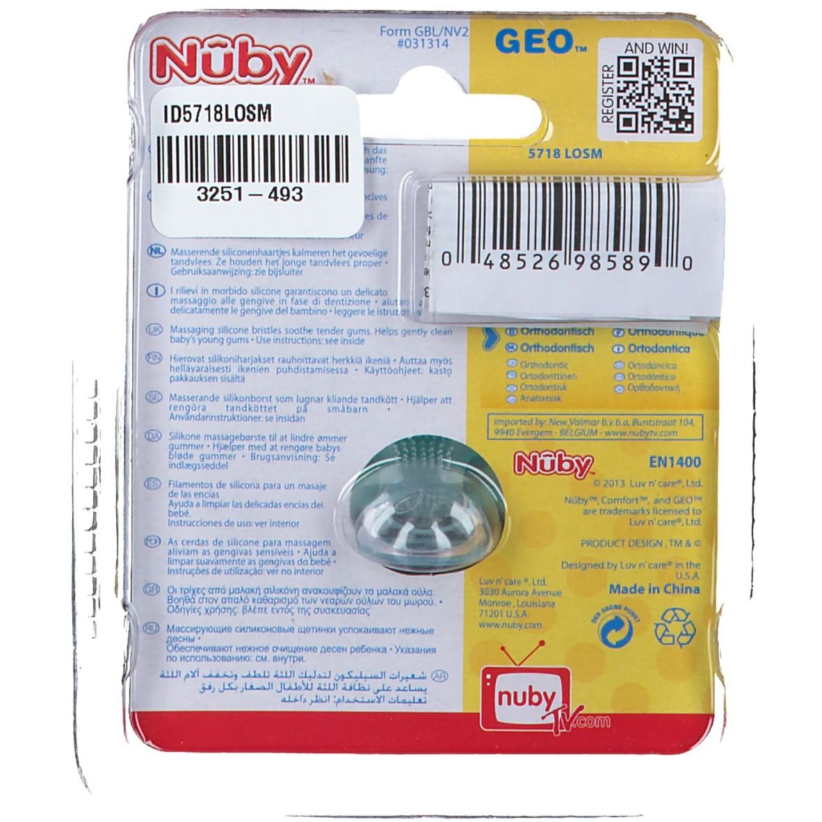 Rückseite der Nuby-Schnuller-Verpackung. Transparenter Sauger, Produktinformationen und Barcode. Logo und Zertifizierungen.