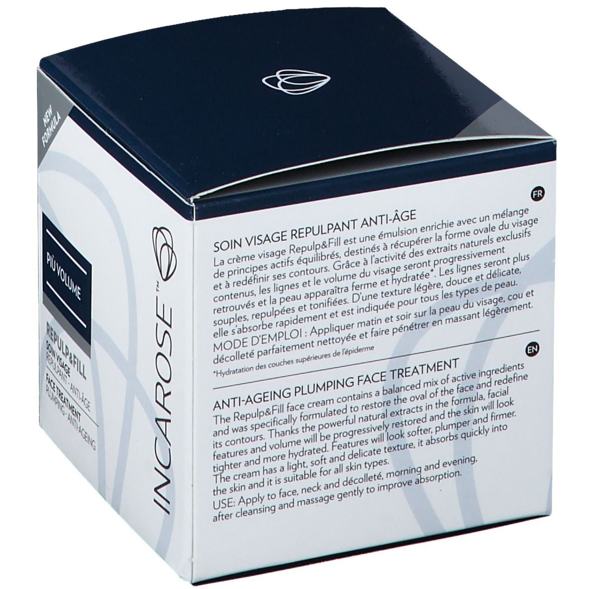 Karton, schräg von oben. Schwarzer Deckel, weißer Korpus. Produkttext in Französisch und Englisch. Logo und Produktname.