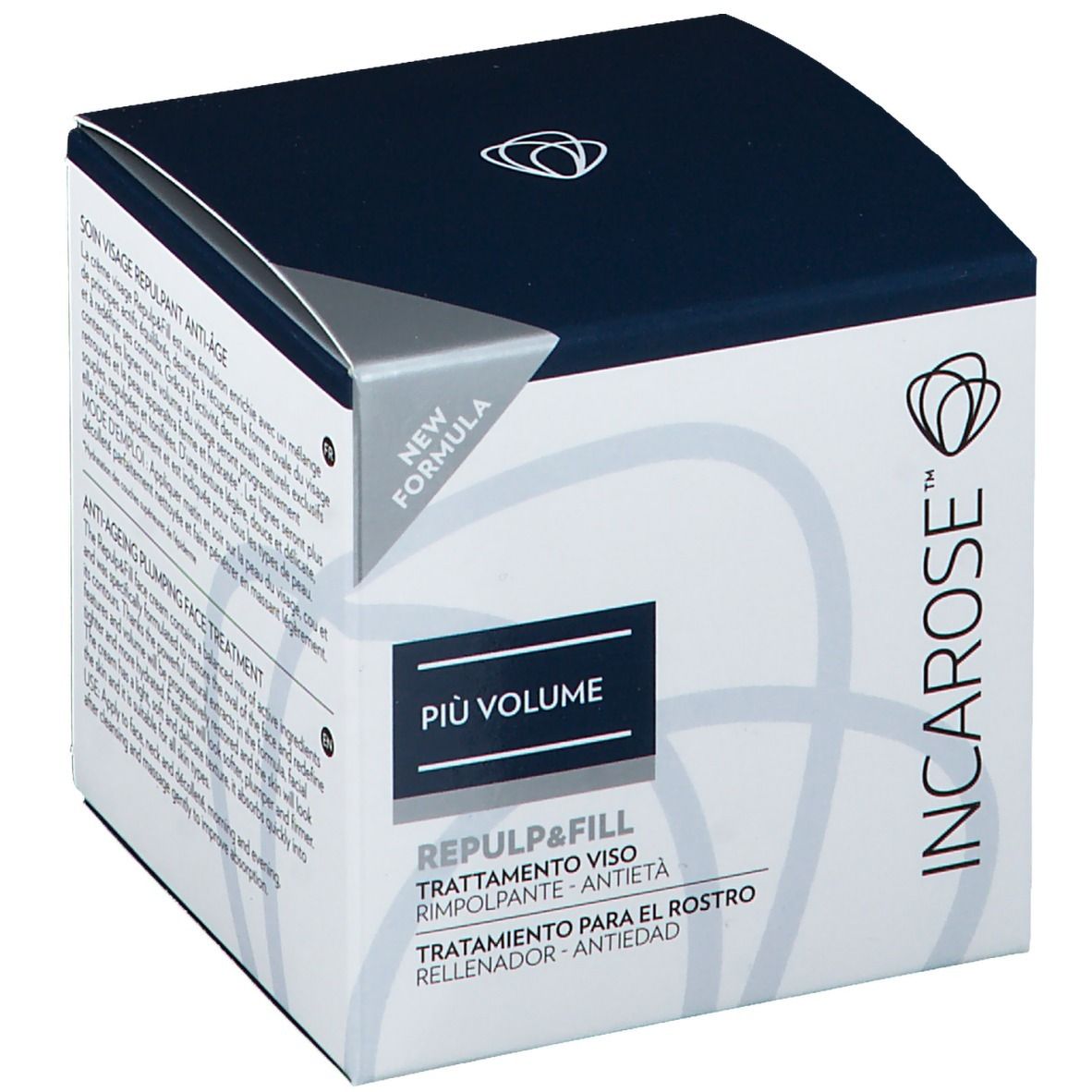 Karton, schräg von oben. Schwarzer Deckel, weißer Korpus. Produkttext in verschiedenen Sprachen. Logo und Produktname.