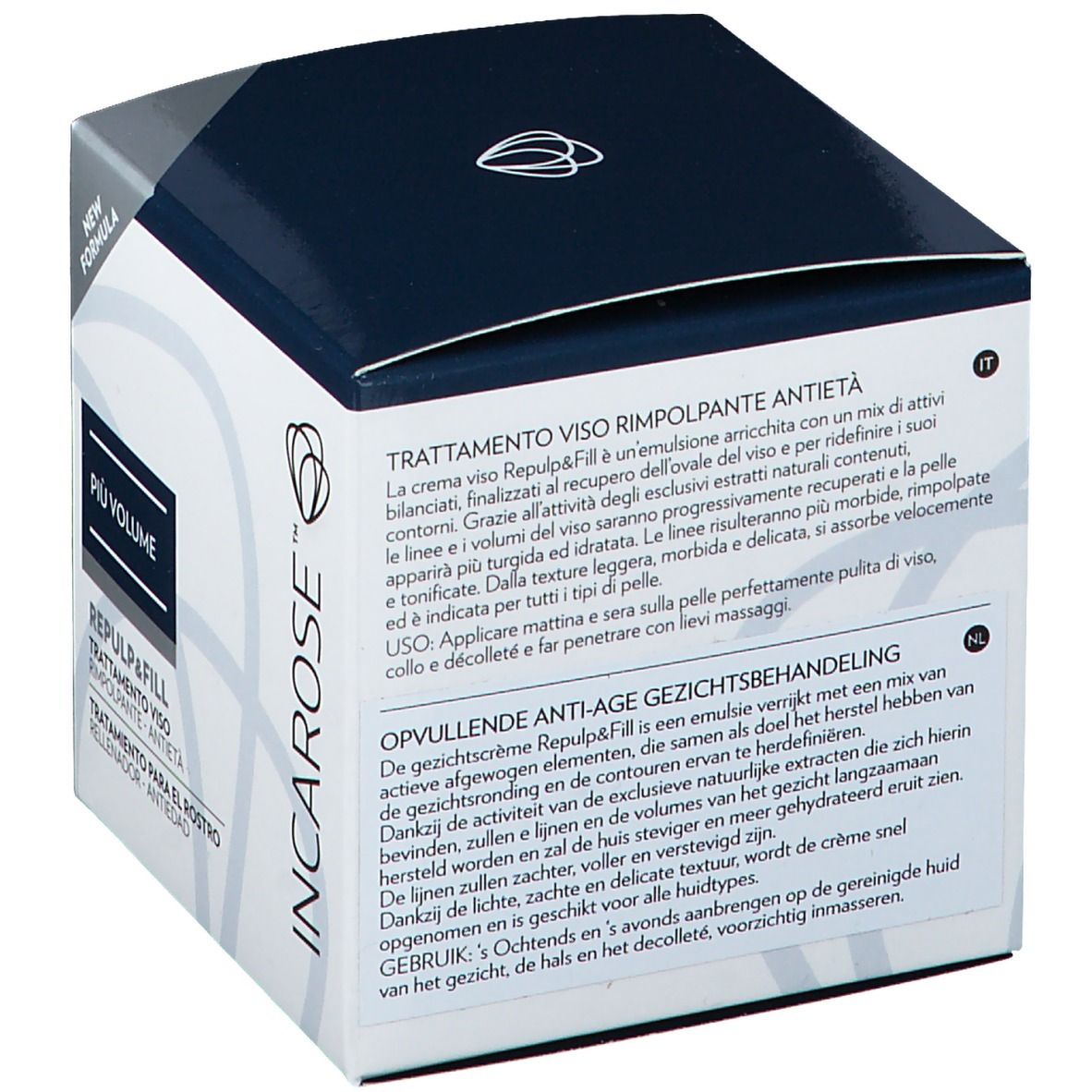 Karton, schräg von oben. Schwarzer Deckel, weißer Korpus. Produkttext in verschiedenen Sprachen. Logo und Produktname.