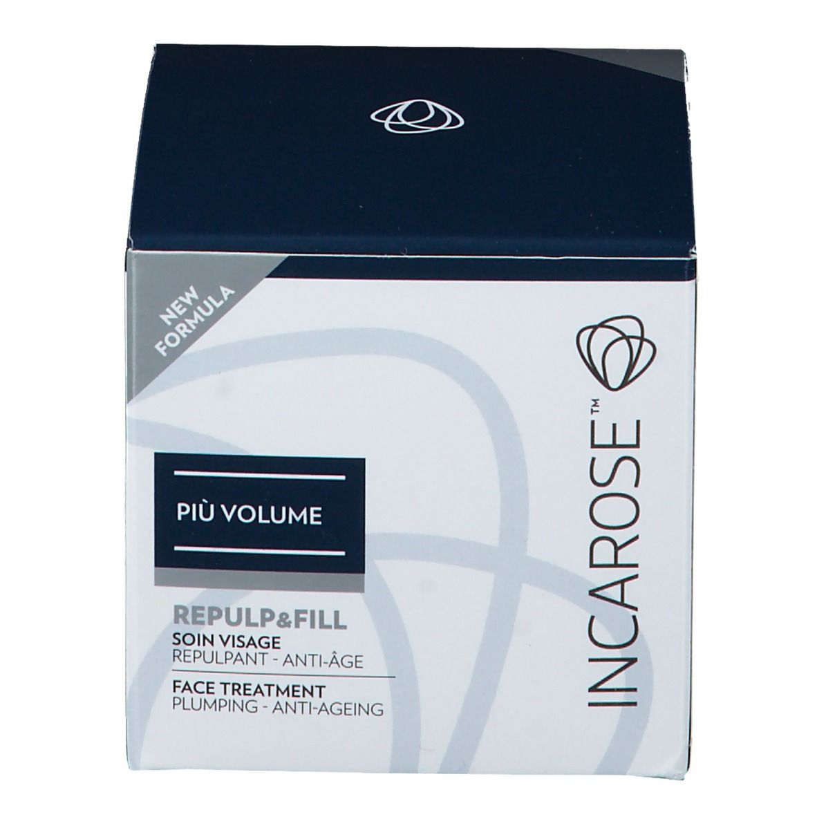 Karton, Frontansicht. Schwarzer Deckel, weißer Korpus. Logo und Produktname: PIÙ VOLUME, REPLUP & FILL, Anti-Aging.