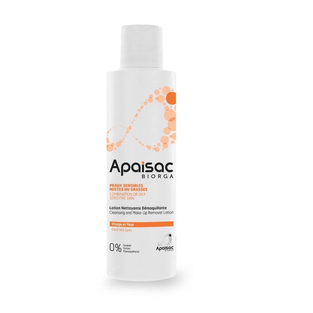 Weiße Flasche mit Produktbezeichnung Apaisac Biorga. Aufschrift: Peaux sensibles, mixtes ou grasses, combination or oily, sensitive skin. 