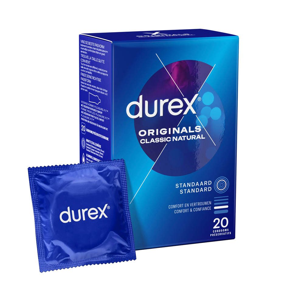 Blaue Schachtel und Kondom-Verpackung von Durex®. 20 Kondome. Blau.