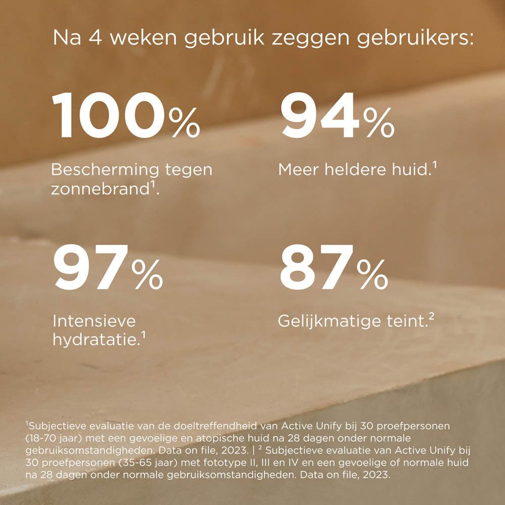 Text: Nach 4 Wochen sagen Benutzer: 100% Schutz vor Sonnenbrand, 94% hellere Haut, 97% intensive Hydratation.