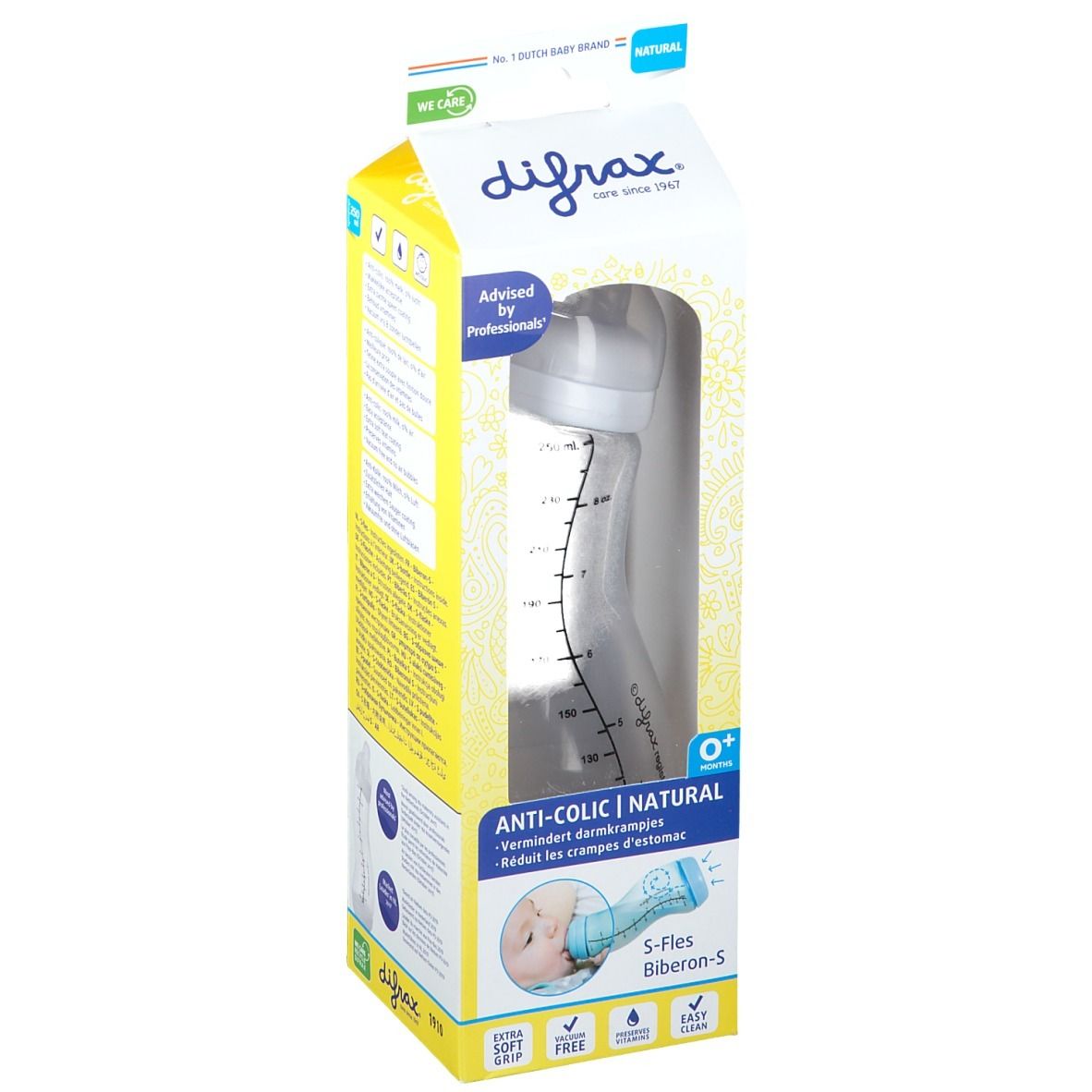 Babyflasche in Verpackung. Sichtbar: Flasche, Deckel, Messskala. Verpackung mit Produktinformationen und Logo.