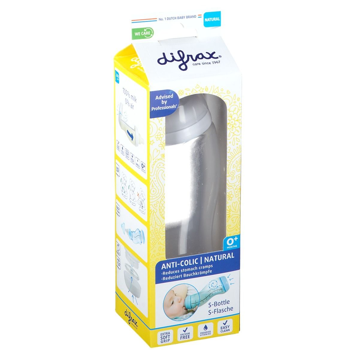 Babyflasche in Verpackung. Flasche mit Deckel sichtbar. Verpackung mit Produktinformationen und Logo.