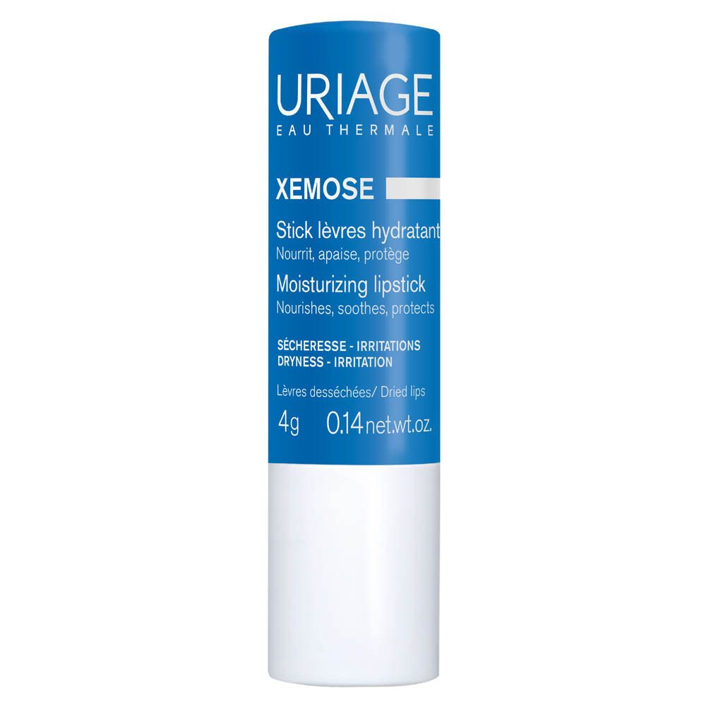 URIAGE Xémose Lippenstift. Produkt auf Lippen aufgetragen. Text: Trockene Lippen, empfindlich, rissig.