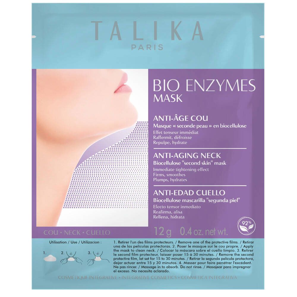 TALIKA Bio Enzymes Mask Anti-Aging Neck-Packung. Produktname, Beschreibung und Anwendungshinweise.