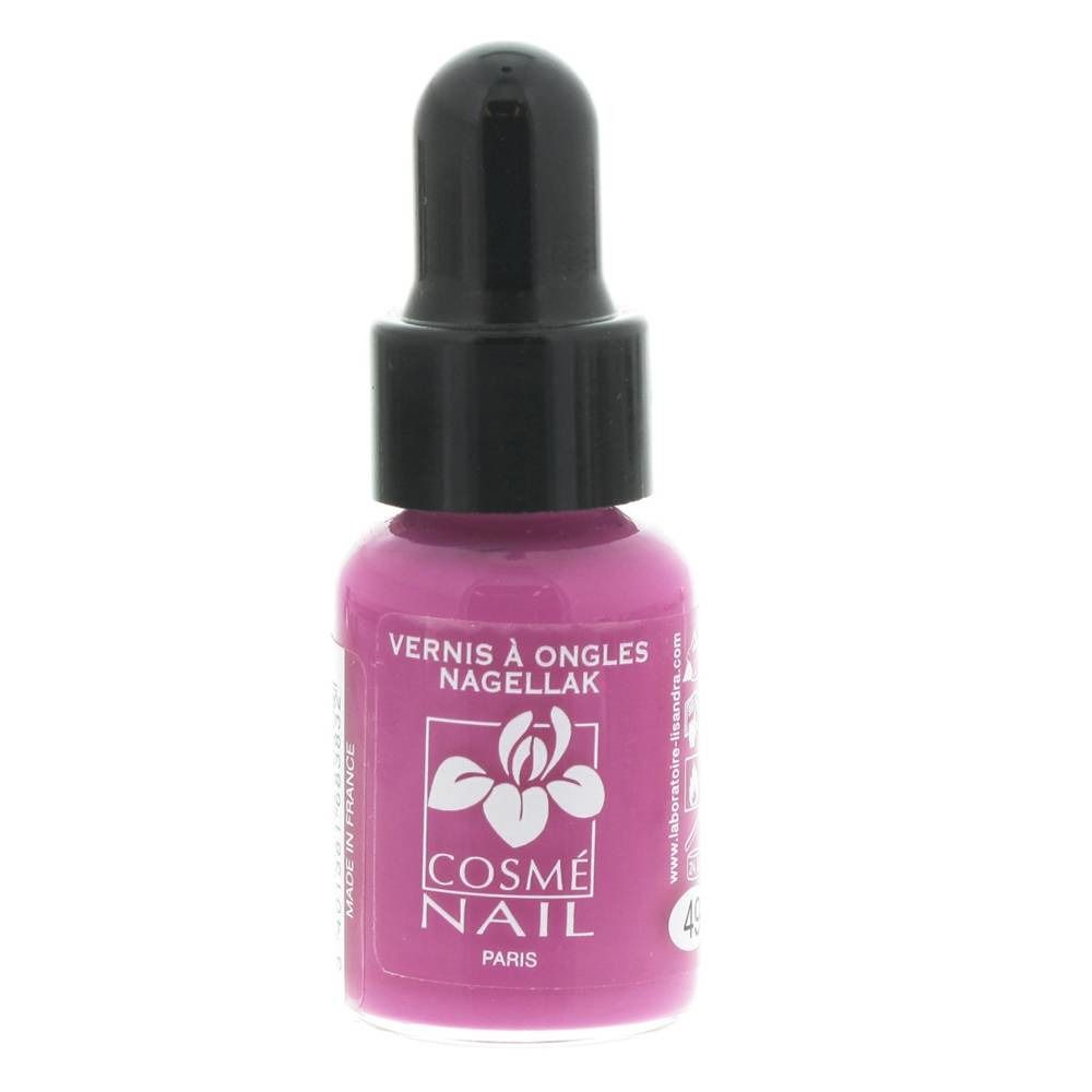 Nagellackflasche, Persisch Pink. Schwarzer Deckel mit Applikator. Marke: Cosmé Nail. Aufschrift: Vernis à Ongles Nagellak.